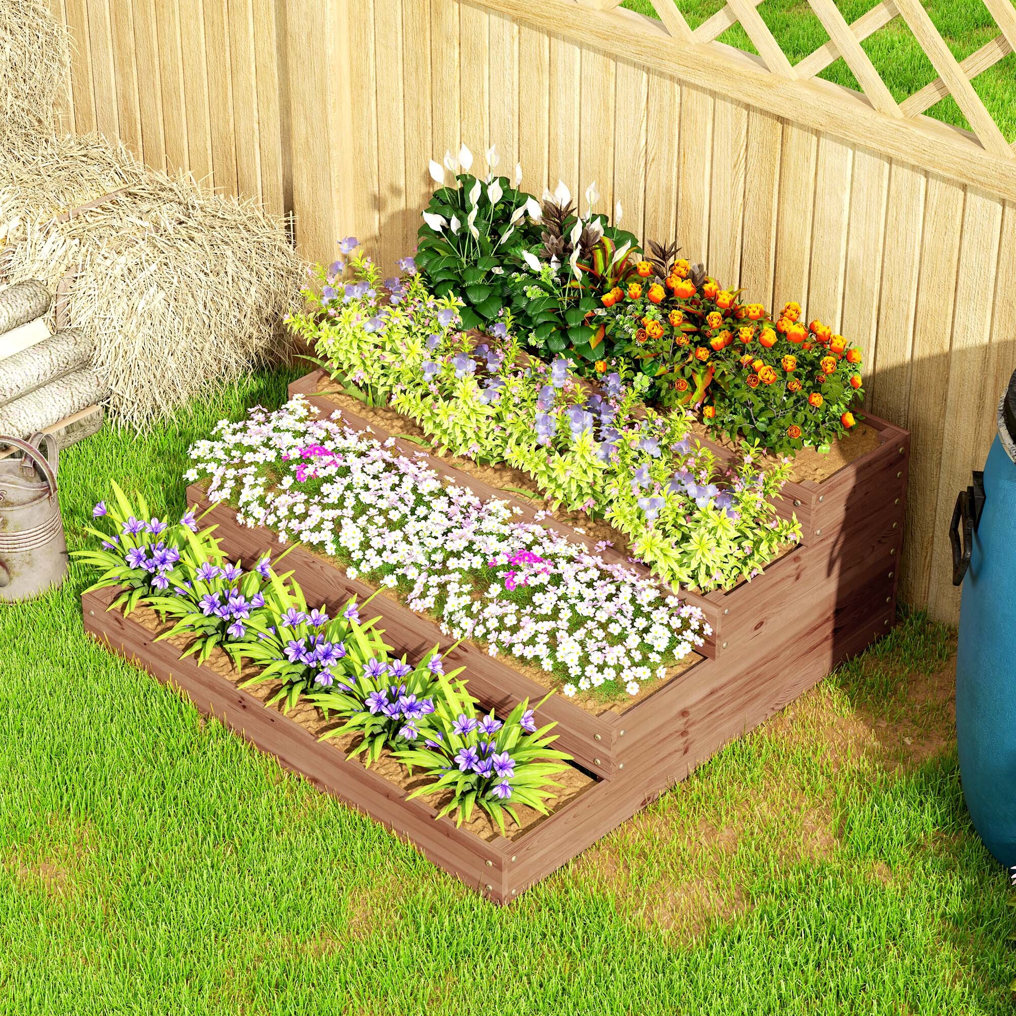 Jardinera de Madera Elevada de 4 Niveles Jardinera Exterior Grande con Diseño de Escalera Huerto Urbano para Cultivos Plantas Flores para Patio Terraza Balcón 113x113x46 cm Café Oscuro