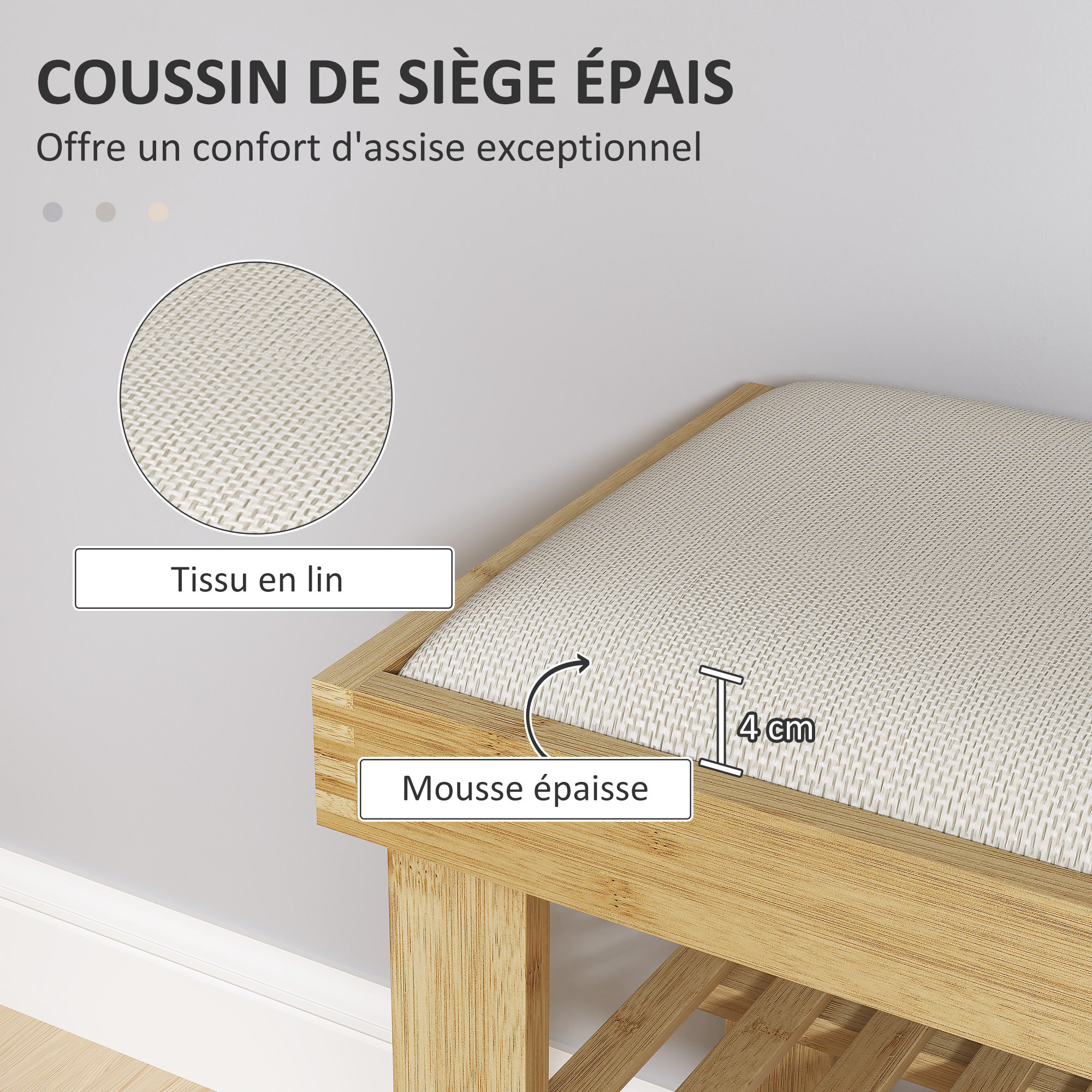 Banc à chaussures style scandinave 3 niveaux bambou bois naturel blanc cassé