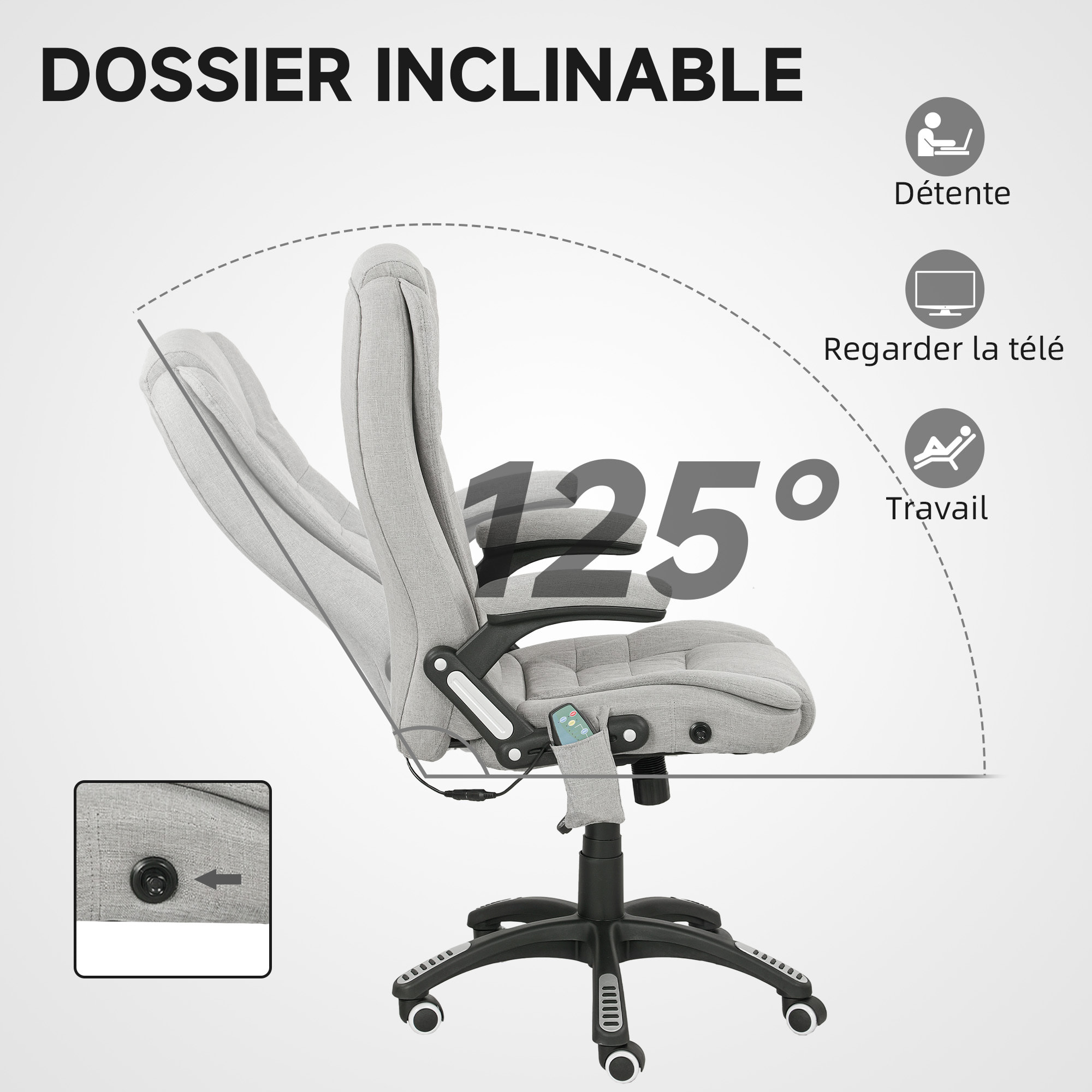 Fauteuil de bureau direction massant chauffant hauteur réglable dossier inclinable toile de lin gris clair