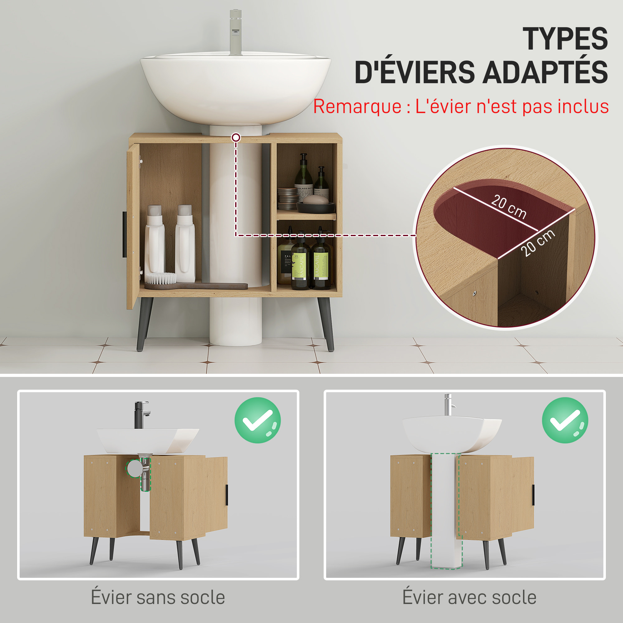 Meuble sous vasque style nordique dim. 60 x 30 x 59,5 cm - porte, 2 niches - piètement métal noir effet bois clair