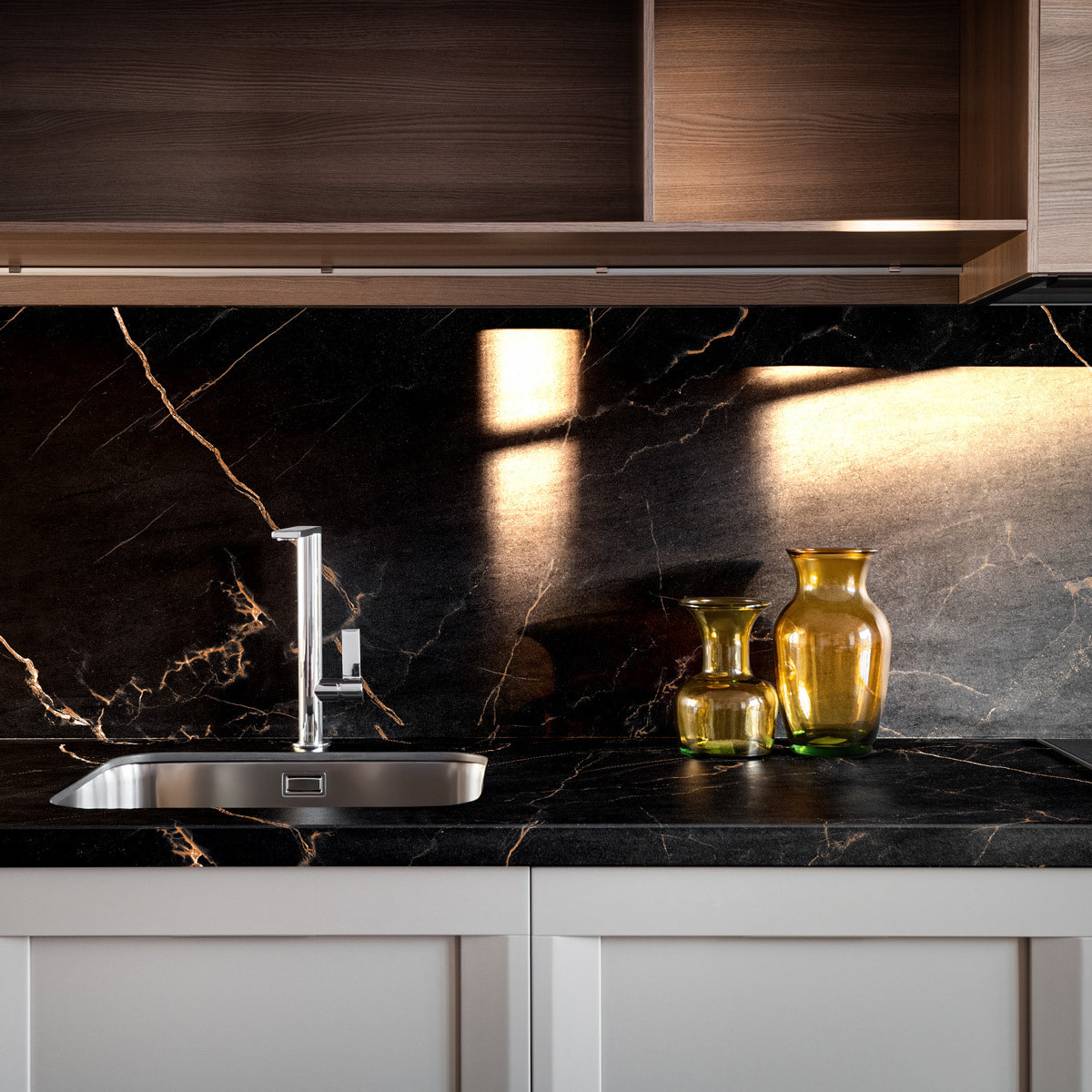 Rouleau revêtement adhésif vinyle au mètre - Sticker lavable Cuisine Meuble Armoire Porte - MARBRE NOIR ET CUIVRE