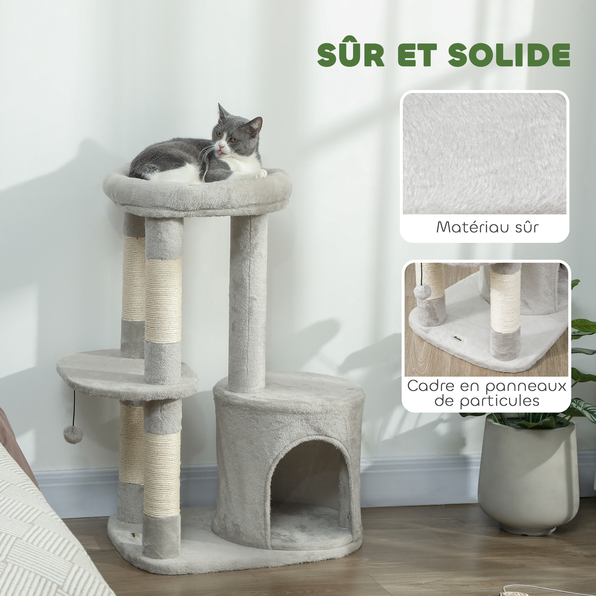 Arbre à chat design gris clair arrondi H.90cm niche 2 plateformes boule griffoirs