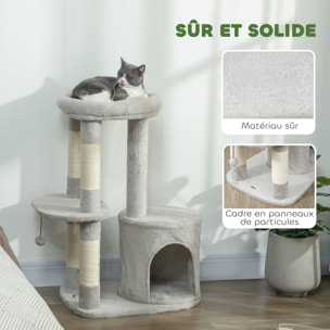 Arbre à chat design gris clair arrondi H.90cm niche 2 plateformes boule griffoirs