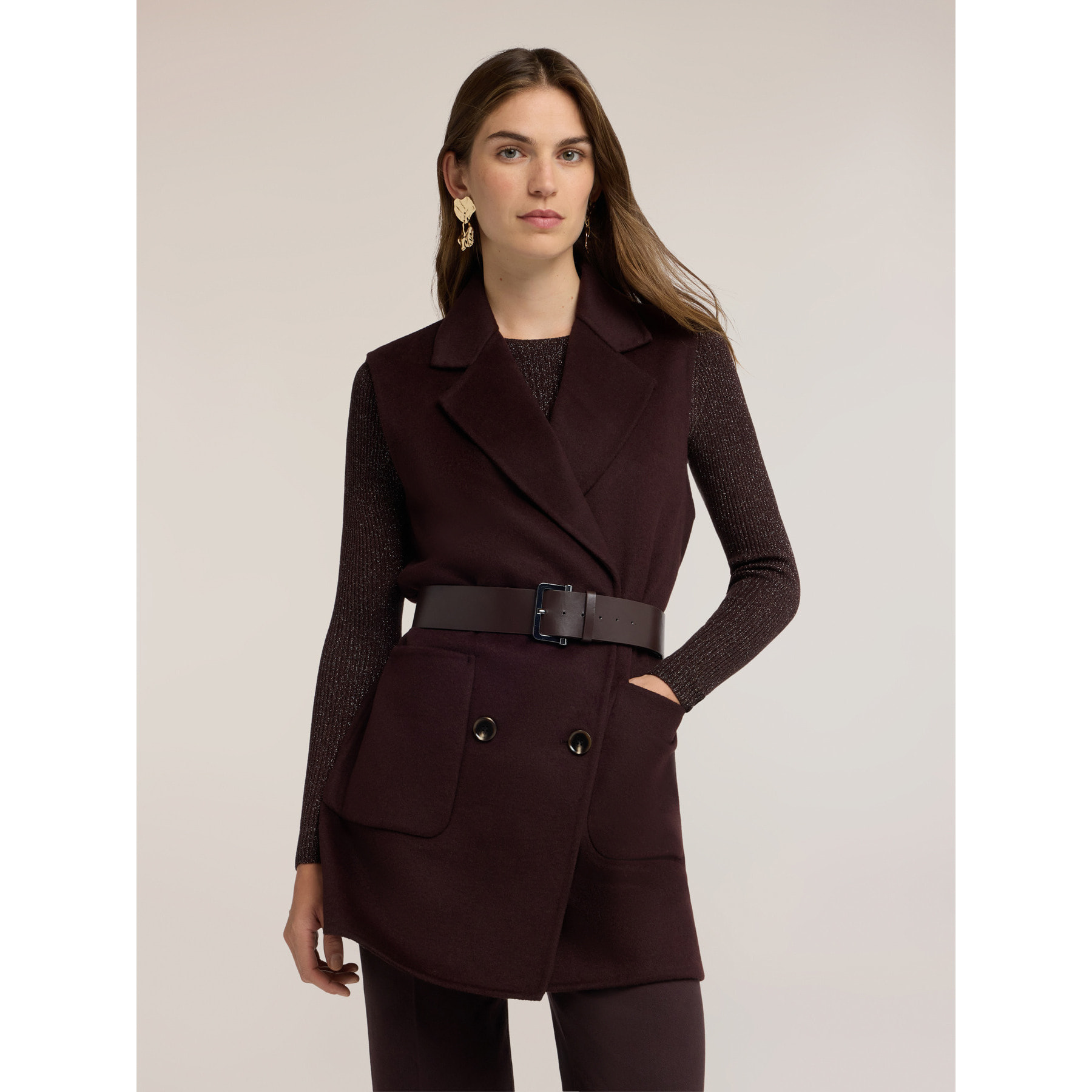 Motivi - Gilet cinturato in double misto lana - Marrone