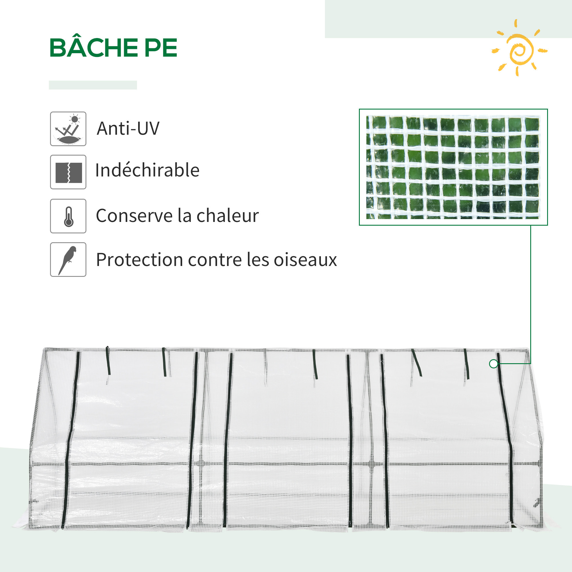 Mini serre de jardin serre à tomates 270L x 90l x 90H cm acier PE haute densité 140 g/m² anti-UV 3 fenêtres avec zip enroulables blanc