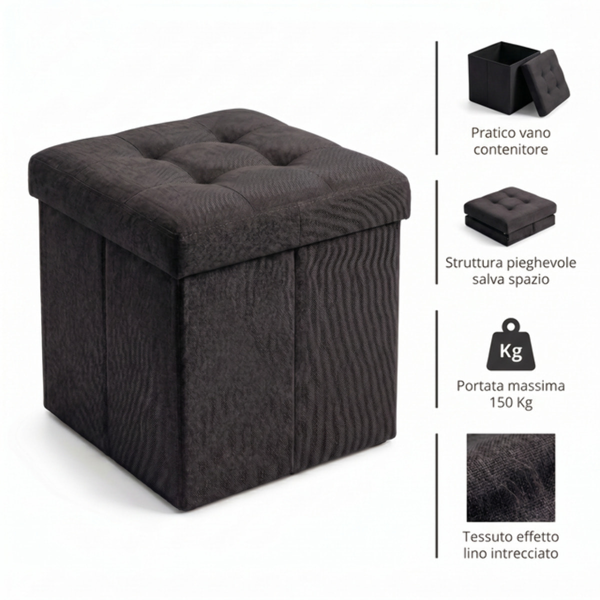 Pouf contenitore pieghevole 38x38x38 cm, cubo salvaspazio con vano interno, seduta imbottita resistente fino a 150 kg, design effetto lino elegante, ideale per soggiorno camera ingresso ufficio e cameretta