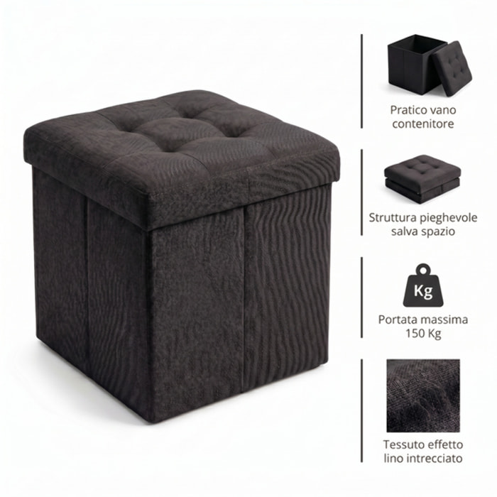 Pouf contenitore pieghevole 38x38x38 cm, cubo salvaspazio con vano interno, seduta imbottita resistente fino a 150 kg, design effetto lino elegante, ideale per soggiorno camera ingresso ufficio e cameretta