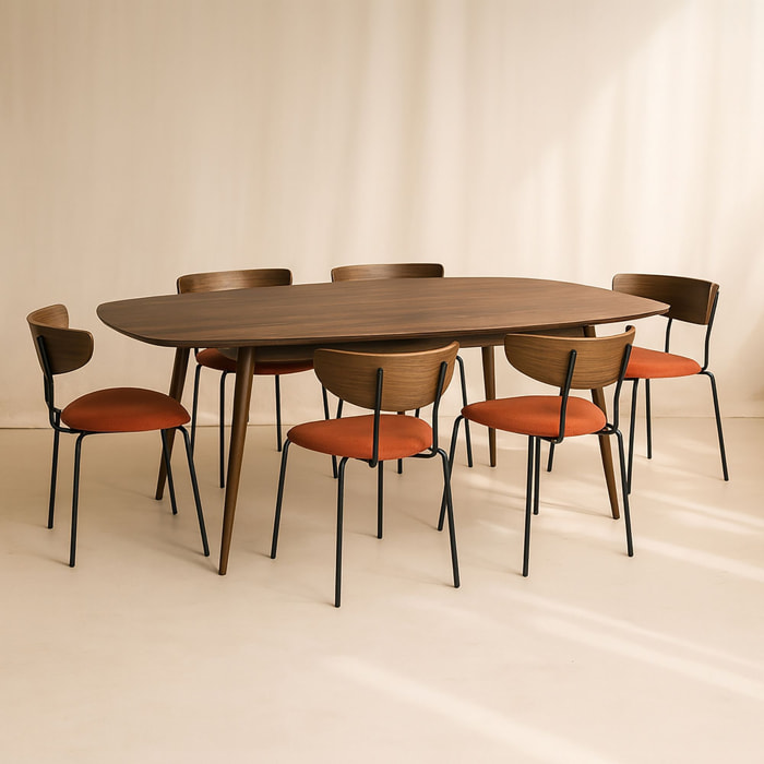 Ensemble table en bois rectangulaire et 6 chaises terracotta RIVA