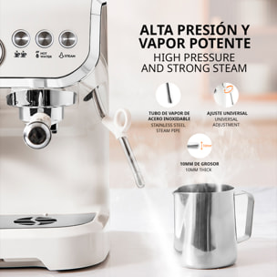 Cafetera espresso con molinillo integrado, 20 bar de presión y depósito de 2 L. Permite moler y preparar café al momento, con vara de vapor y controles sencillos.