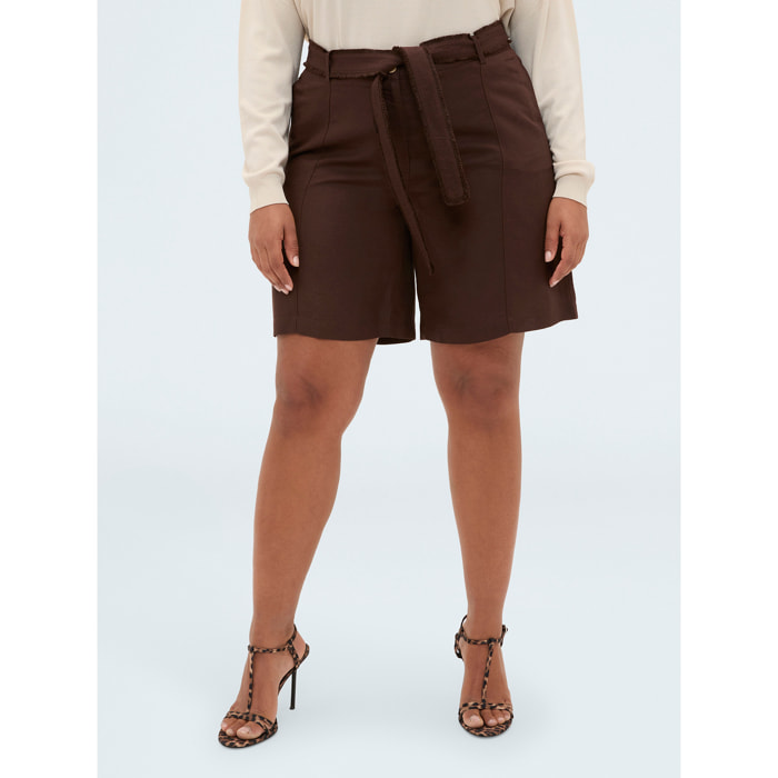 Fiorella Rubino - Shorts in misto lino viscosa con cintura - Marrone