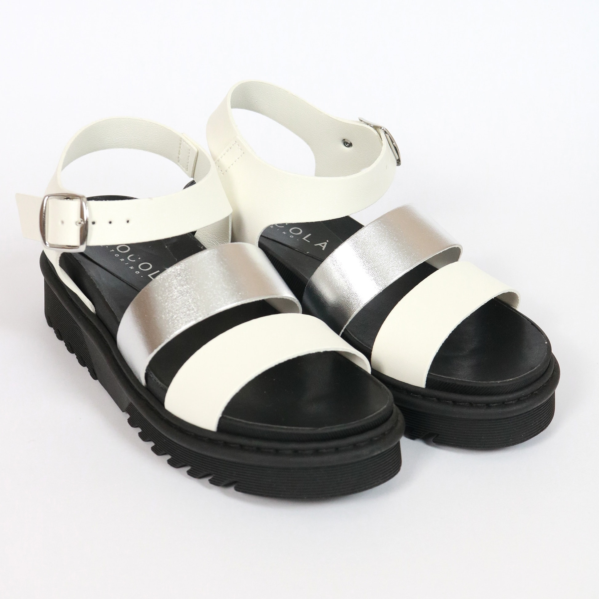 SANDALO FLATFORM TRE FASCE CHOCOLA' BIANCO E ARGENTO