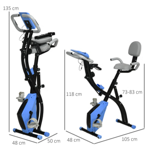 Bicicleta Estática Plegable 3 en 1 con Respaldo y 8 Niveles Resistencia Magnética, Bicicleta Estática para Casa Ajustable con Monitor LCD Volante Banda Sensor de Pulso Soporte de Teléfono Azul