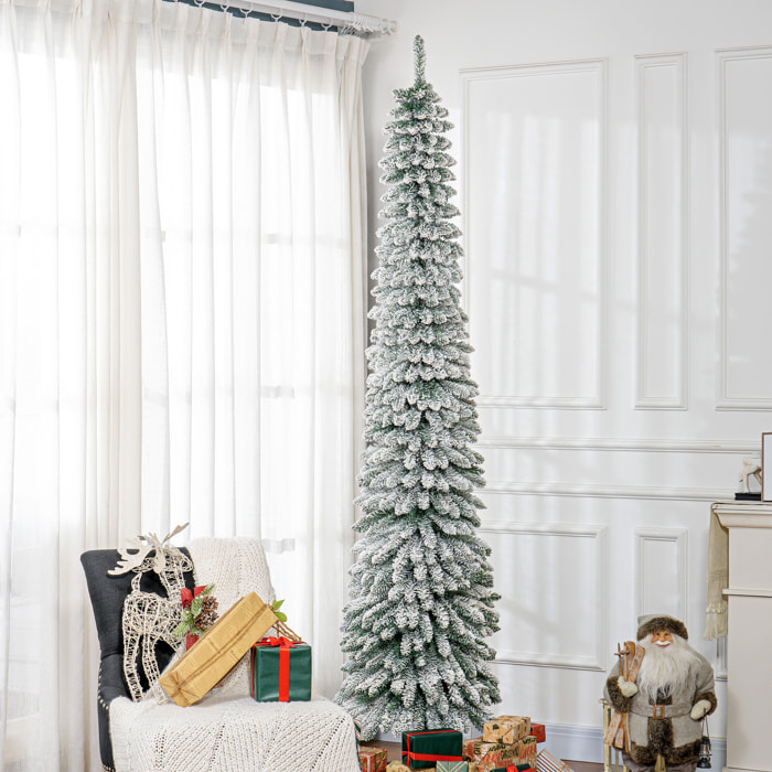 Árbol de Navidad Estrecho 240 cm, Árbol de Navidad Artificial Nevado con 603 Ramas y Soporte de Metal Plegable, Decoración Navideña para Salón, Interior, Verde