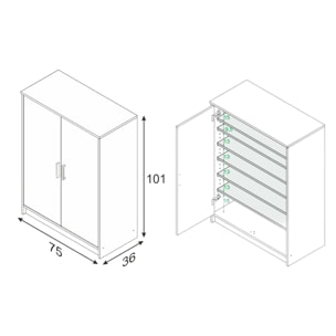 Armadio multiuso Norwalk, Armadio portascarpe a 2 ante, Mobile basso con 6 ripiani, Scarpiera bassa moderna, cm 75x36h101, Bianco