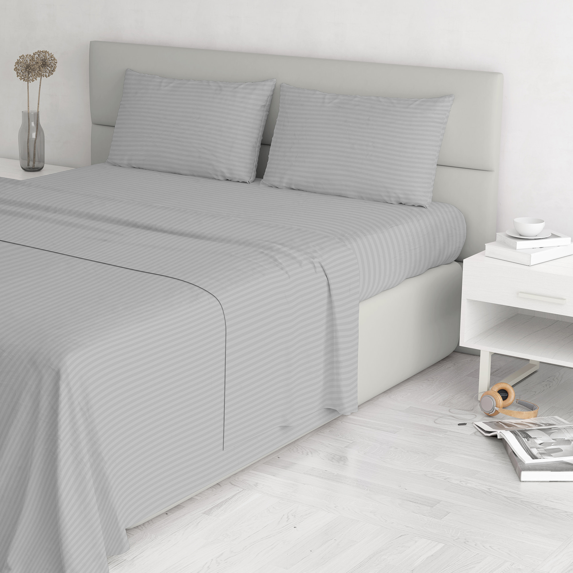 COMPLETO LETTO SATIN STRIPES, 100% Raso di Poliestere, Tinta Unita, Made in Italy - GRIGIO CHIARO