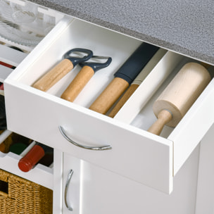 HOMCOM Carro de Cocina con Ruedas Carrito de Servicio con 1 Cajón Estantes Extraíbles Botellero para 4 Botellas y Armario para Comedor Salón Carga 40 kg 76x48x88 cm Blanco