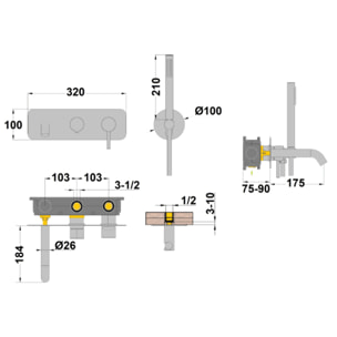 Mitigeur bain douche mécanique mural + douchette 1 jet + corps encastré PAINI Ortence bronze cuivre