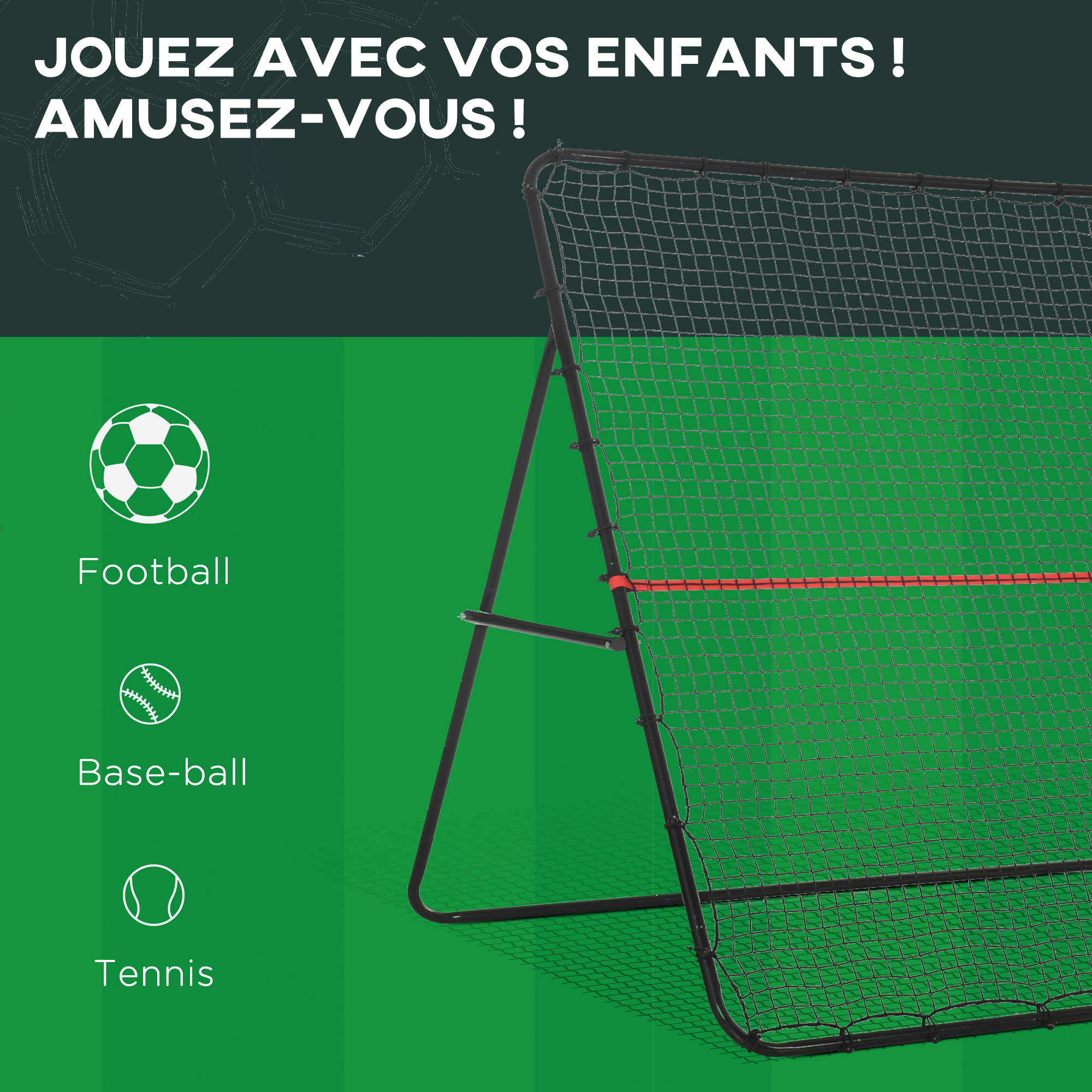 Filet de rebond de football - rebondisseur de football angle réglable - dim. 280L x 185H cm - rouge noir