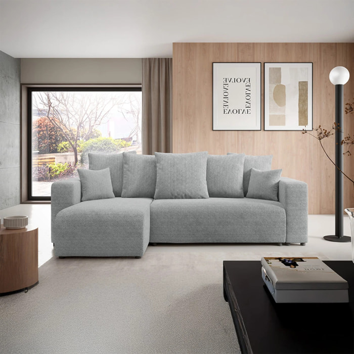 GLORIA - Canapé d'angle gauche convertible 4 places en tissu gris clair