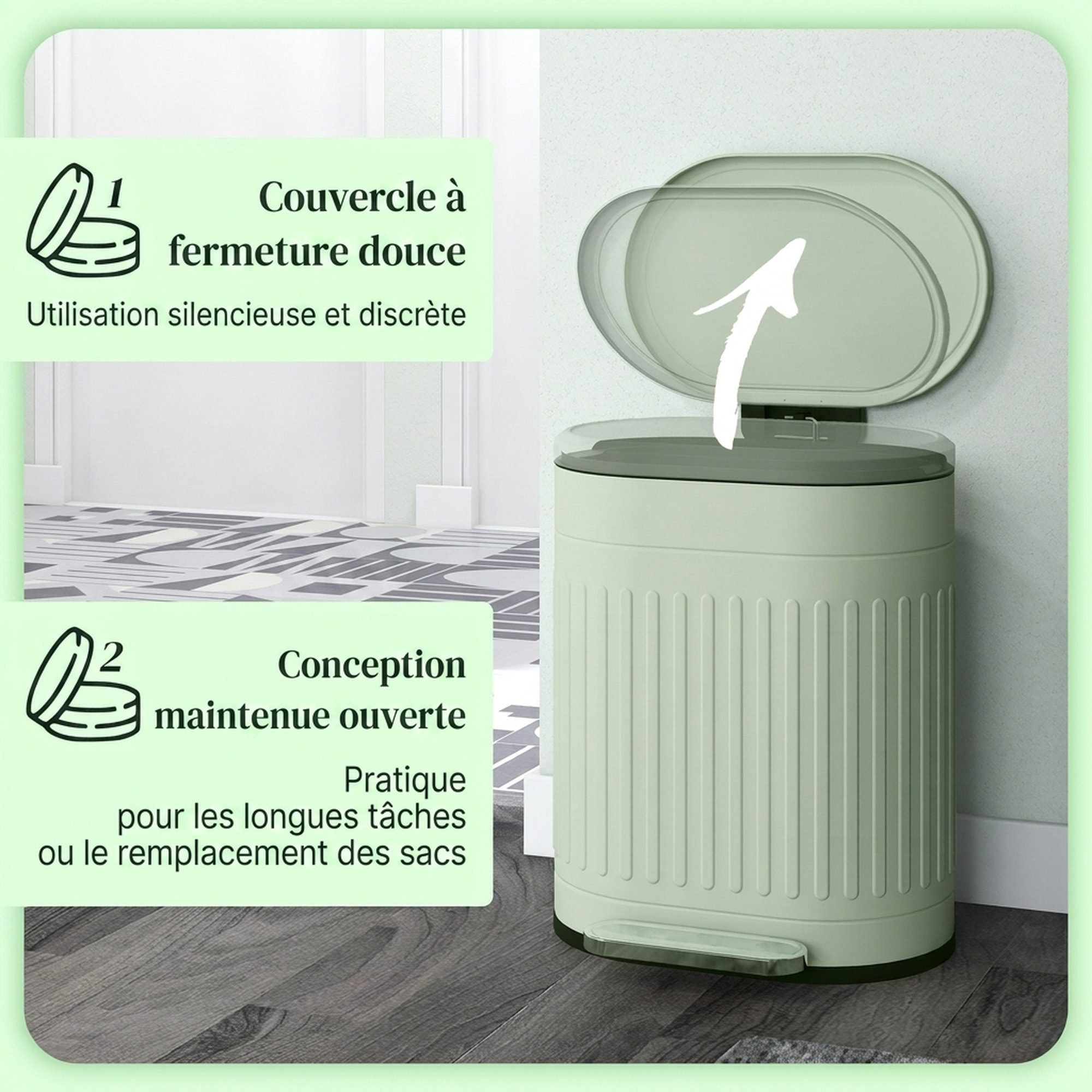 Poubelle à pédale design ovale métal ondulé 20L vert sauge clair
