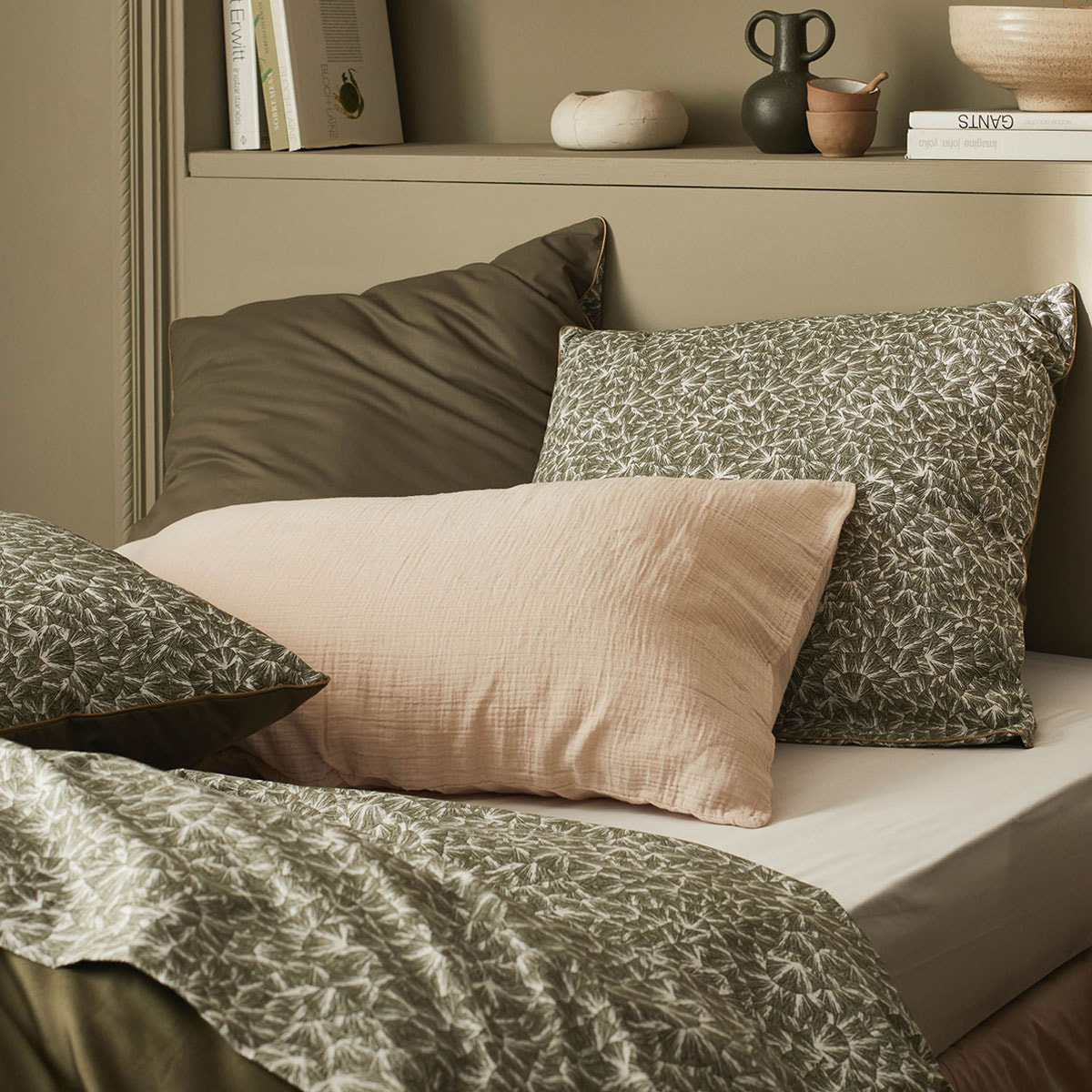 Drap plat imprimé en percale de coton, OSMOSE, Vert kakhi