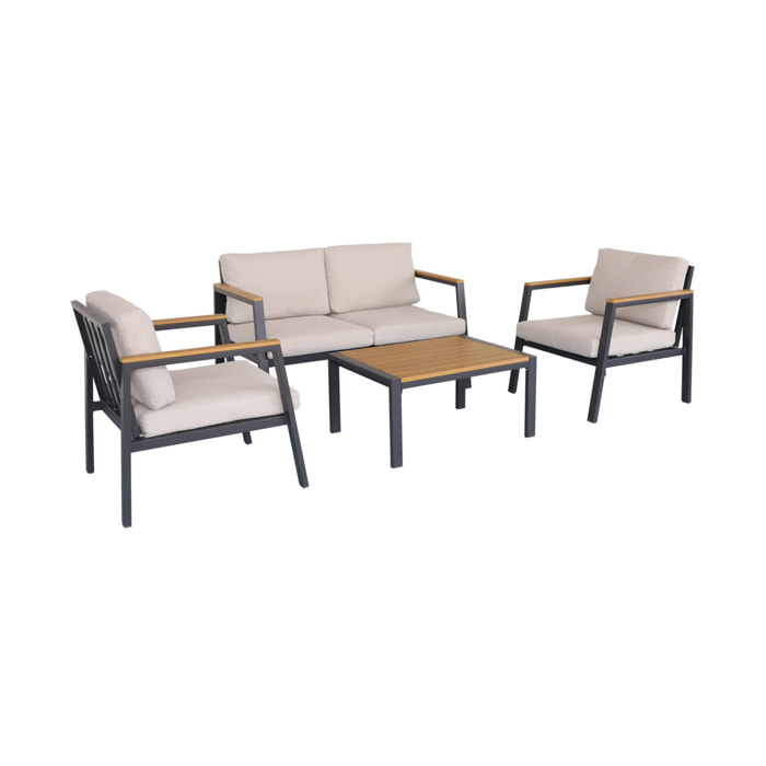 Salon de jardin Casoria. beige. aluminium et polywood 4 places. 1 canapé. 2 fauteuils. 1 table basse