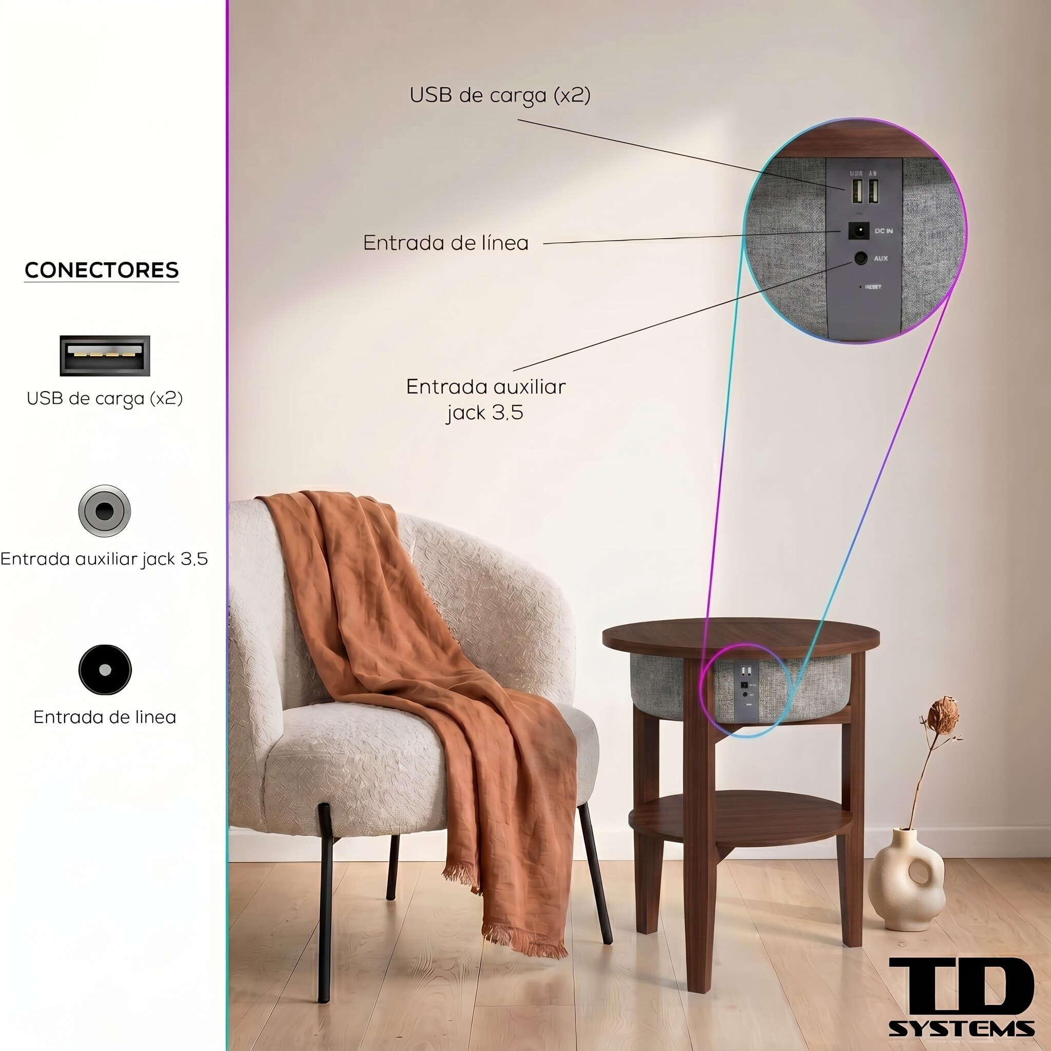 Mesa auxiliar altavoz portátil con sonido de 30W, Bluetooth, base de carga inalámbrica, batería de 2200mAh. Mesilla o mesita para dormitorio o sala de estar - TD Systems SM30B11WR8B [Madera roble]