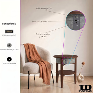 Mesa auxiliar altavoz portátil con sonido de 30W, Bluetooth, base de carga inalámbrica, batería de 2200mAh. Mesilla o mesita para dormitorio o sala de estar - TD Systems SM30B11WR8B [Madera roble]