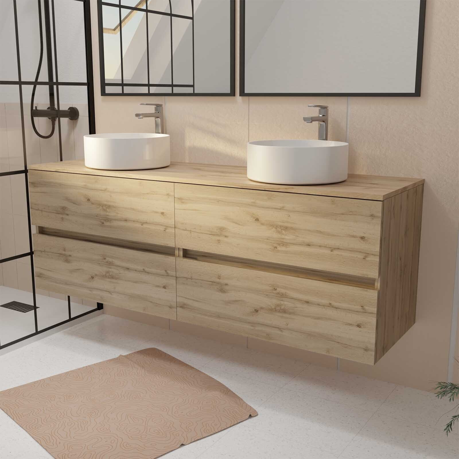 Meuble de salle de bains 160 TIMBER Décor Chêne - 4 Tiroirs - 2 Vasques Rondes Blanches