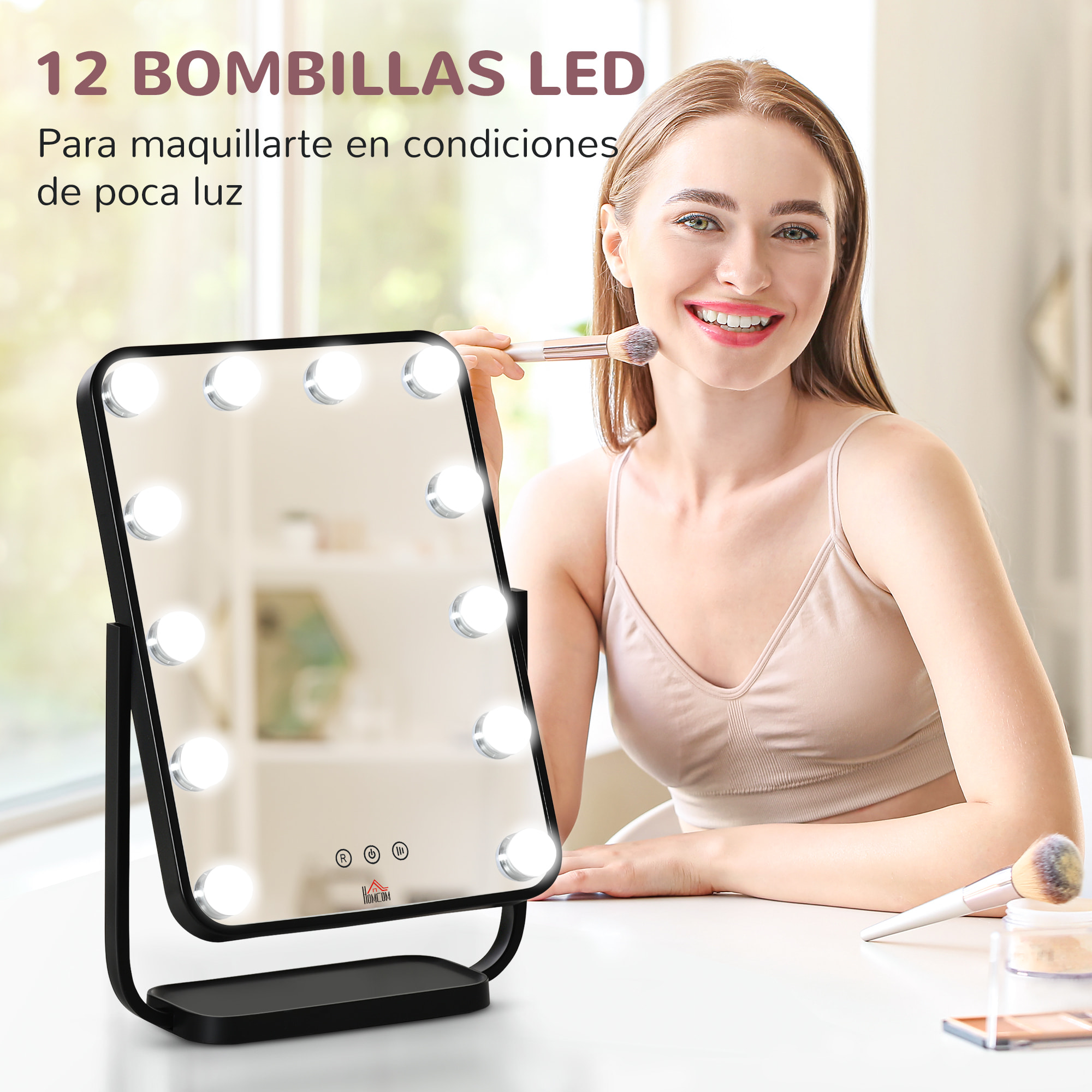 Espejo de Maquillaje con Luz Espejo Hollywood de Mesa con 12 LED 3 Modos y Luz Ajustable Pantalla Táctil y Función de Memoria para Dormitorio Baño 32,8x11x47,4 cm Negro