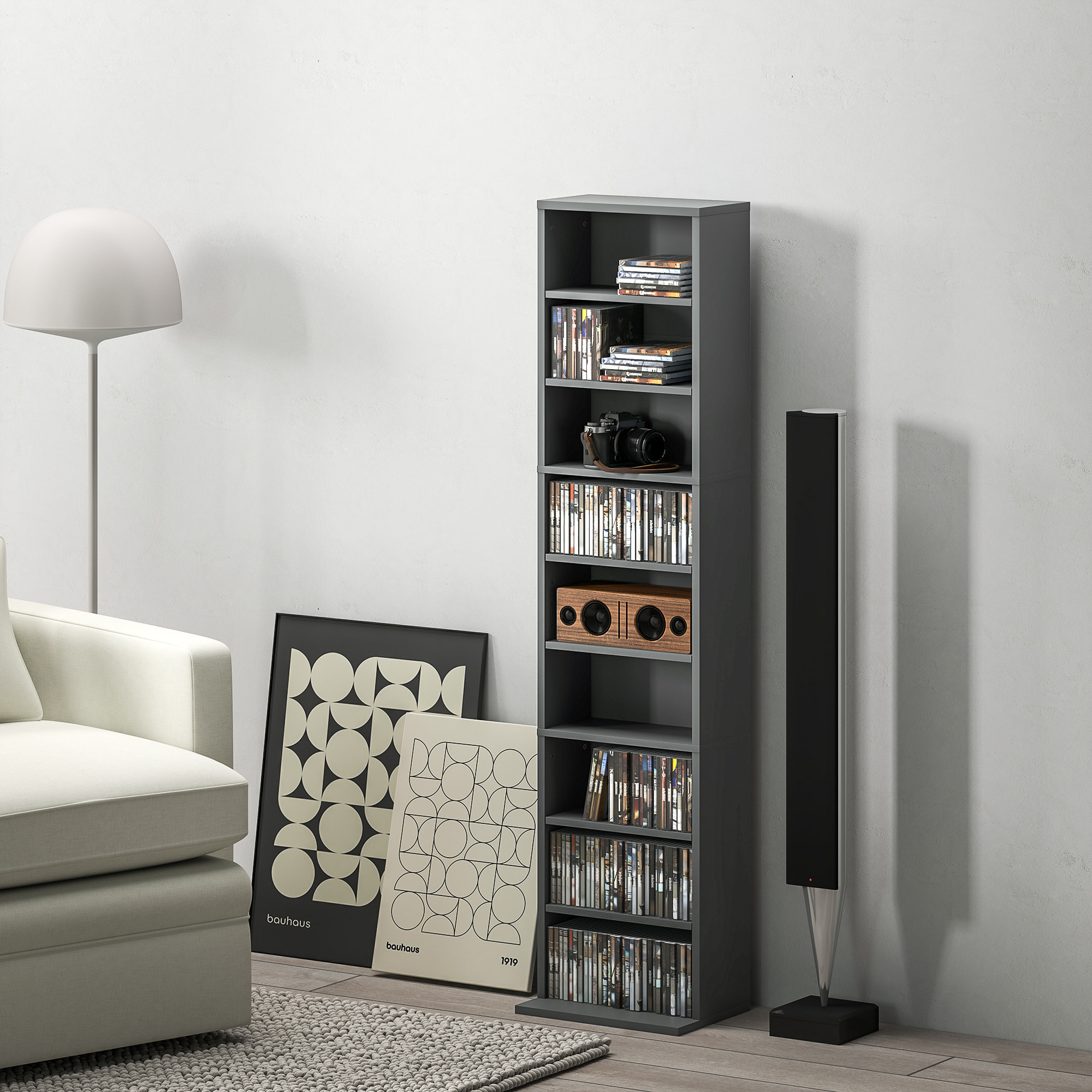 Étagère pour CD et DVD - 9 compartiments, 6 étagères réglables - 33x24x140cm - gris