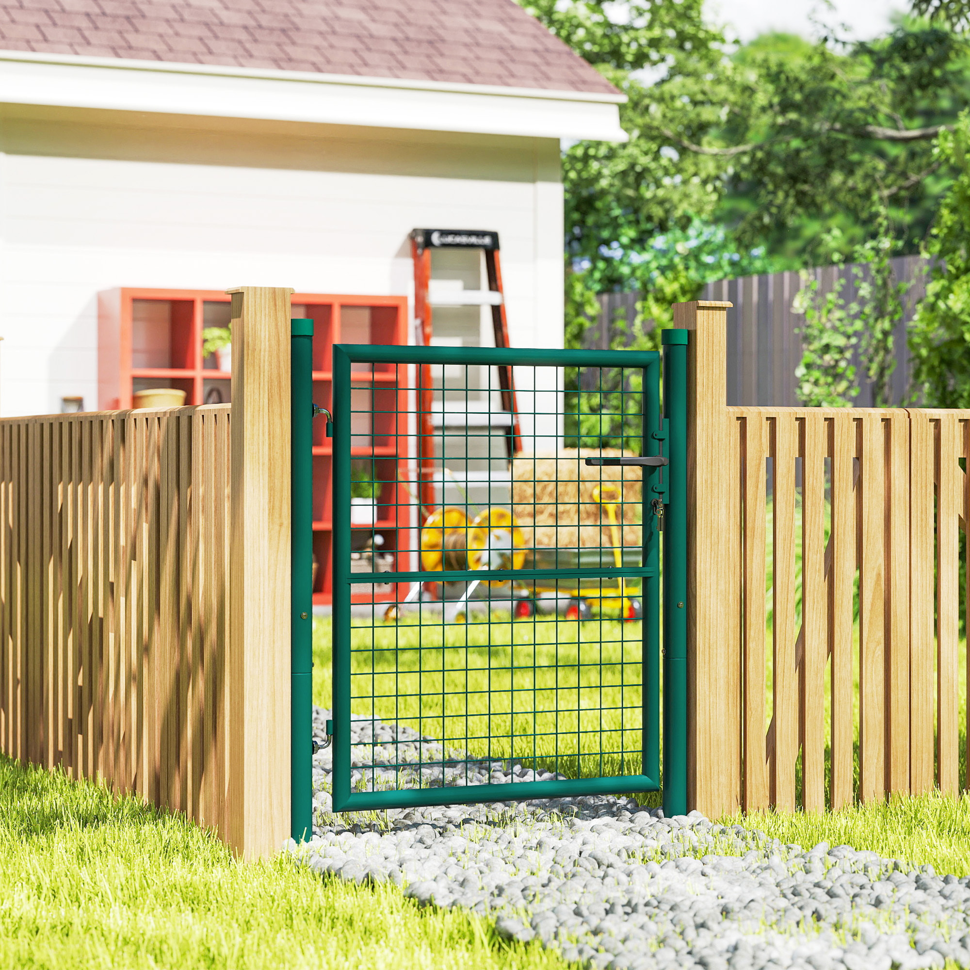 Puerta de Jardín 100x79 cm Puerta para Valla de Barra de Acero con Asa Cerradura y 3 Llaves para Exterior Patio Verde