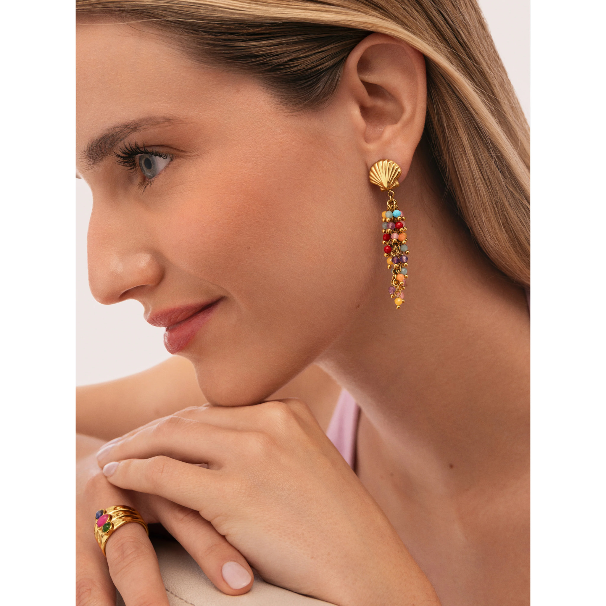 Pendientes Long Coral Acero Baño Oro