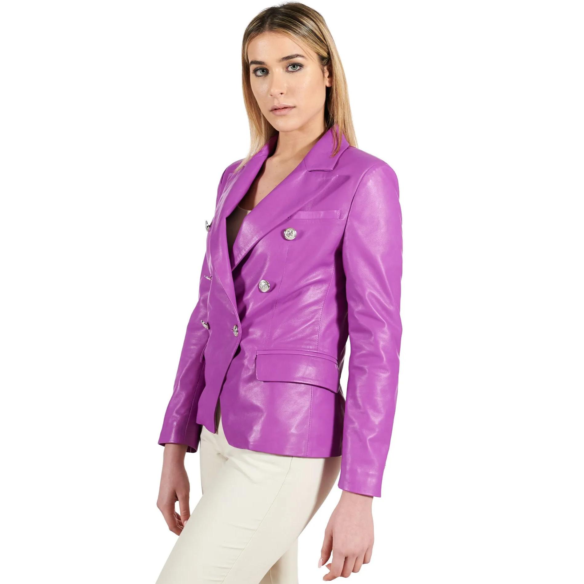 Giacca blazer doppio petto in pelle naturale glicine