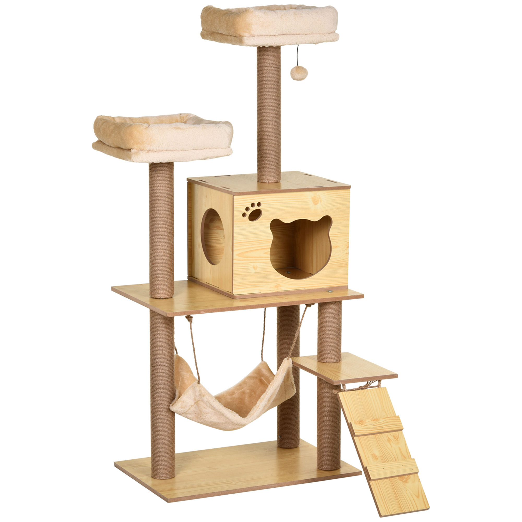 Árbol Rascador para Gatos Altura 130 cm Torre para Gatos con Postes Rascadores de Yute 2 Camas Hamaca Cueva Bola Colgante y Rampa 60x40x130 cm Natural