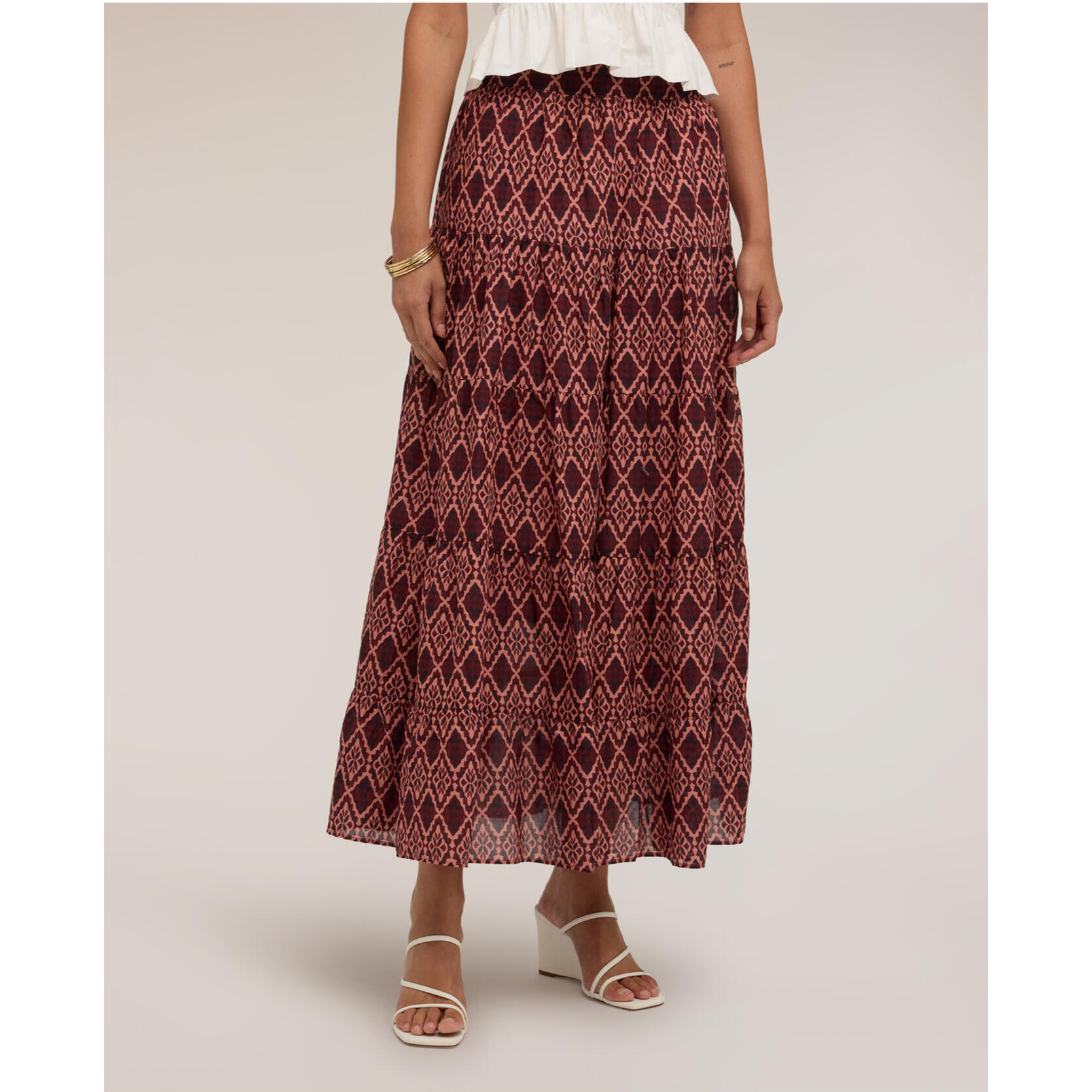 Motivi - Gonna svasata maxi in voile con stampa geometrica - Bordeaux