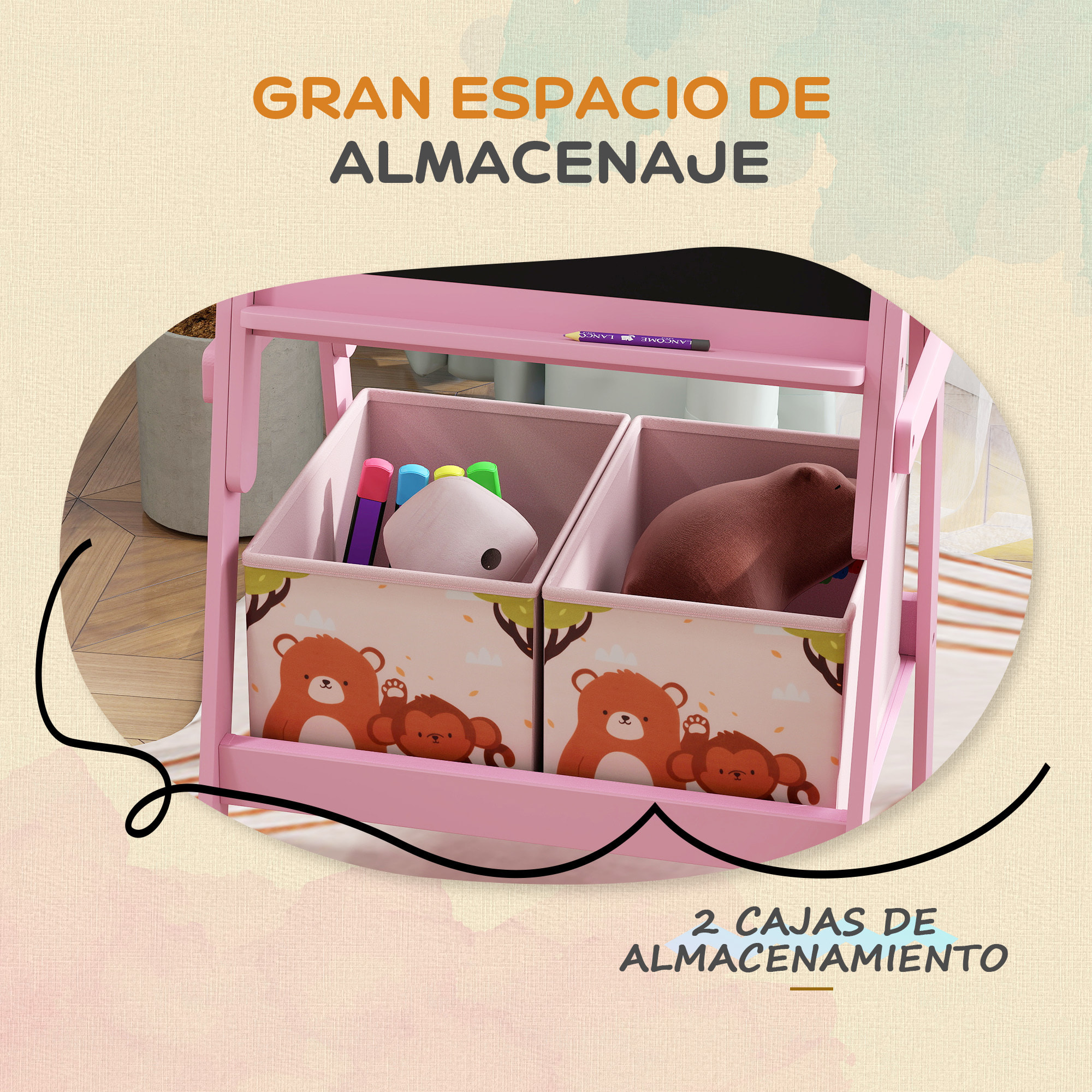 Pizarra Infantil Caballete 2 en 1 Pizarra Infantil de Doble Cara con 2 Cajas de Tela Caballete de Pintura para Niños con Estampado de Animales 53,5x49x113 cm Rosa