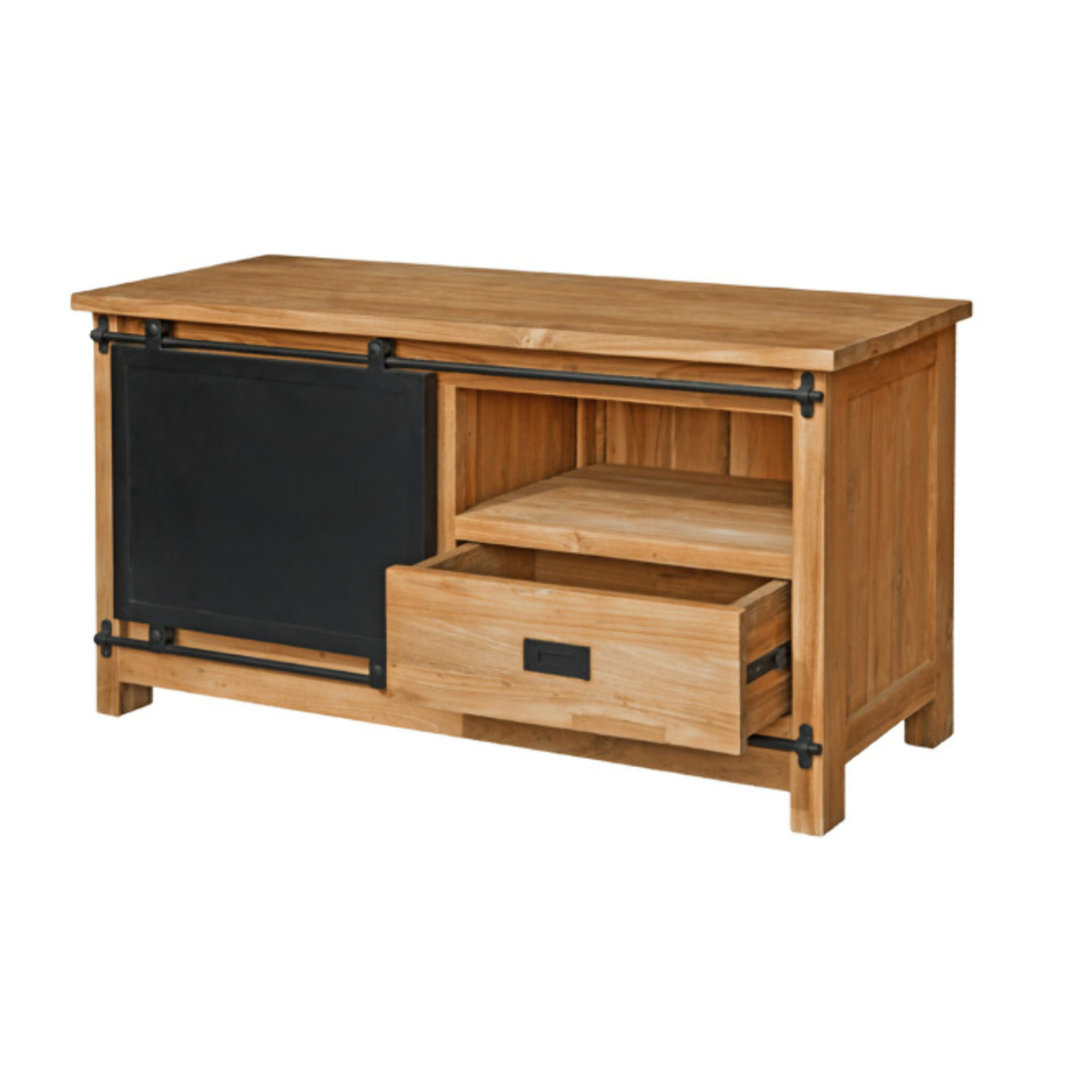Meuble TV 1 tiroir 1 porte en métal 110 cm bois de teck recyclé - YOGI