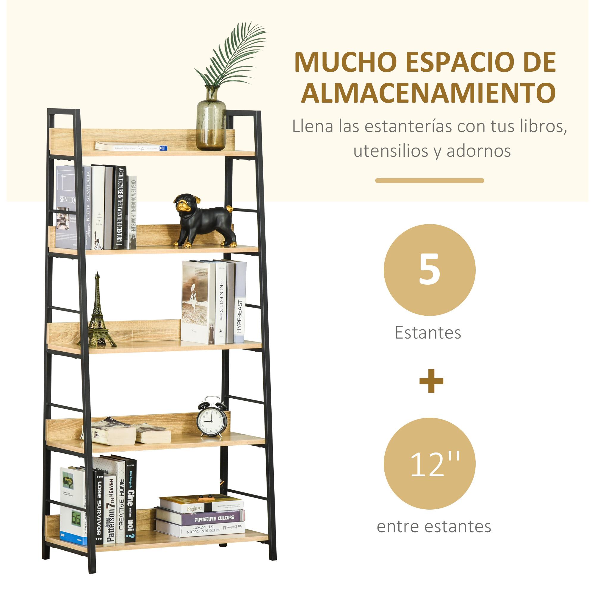 Estantería Librería de 5 Niveles Estantería de Salón Estantería para Libros con Marco de Metal Carga 25 kg para Oficina Estudio 70x35x149,5 cm Natural