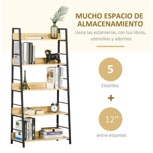 Estantería Librería de 5 Niveles Estantería de Salón Estantería para Libros con Marco de Metal Carga 25 kg para Oficina Estudio 70x35x149,5 cm Natural