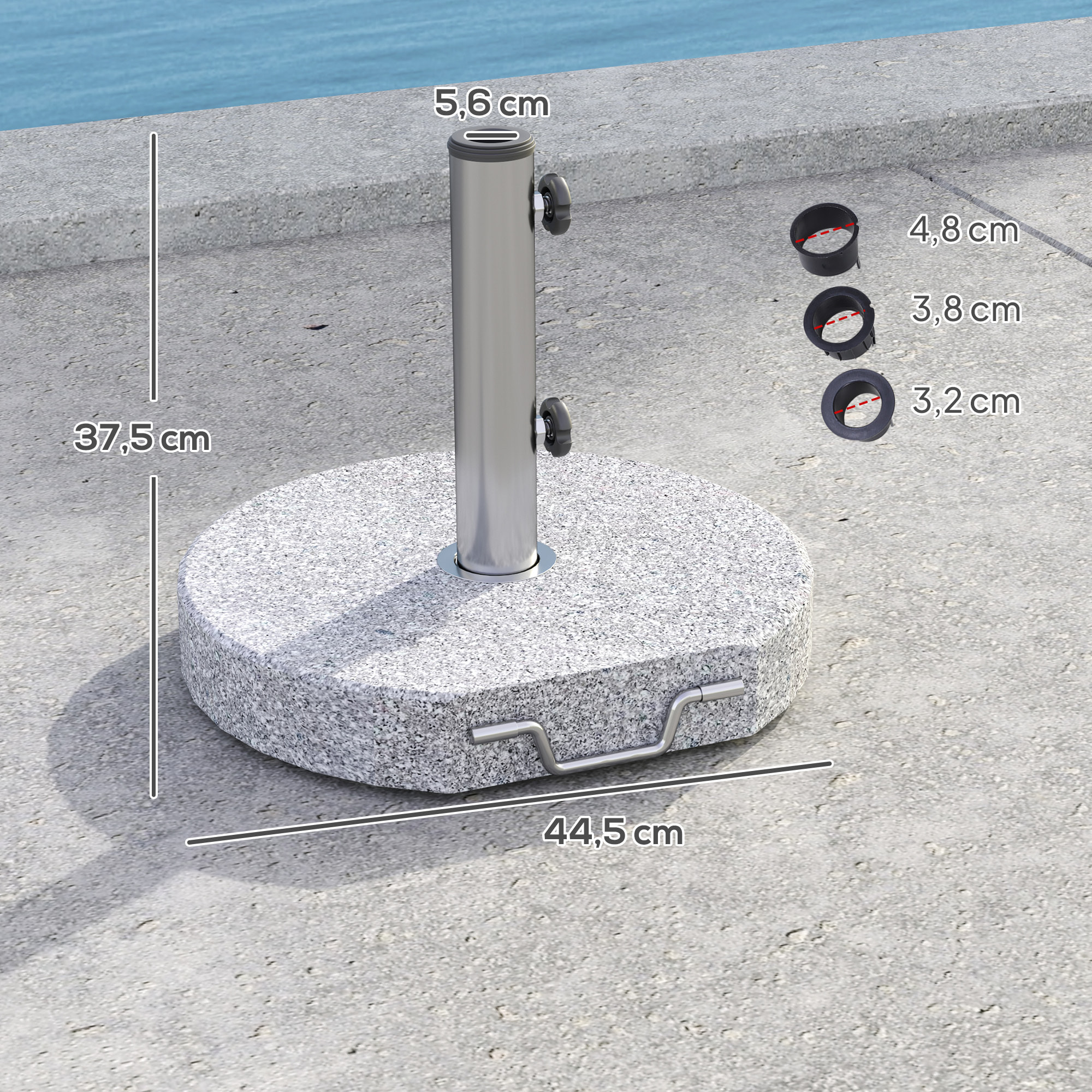 Pied de parasol rond en granite dia. 44 cm - poignées, roulettes, patins - acier inox gris