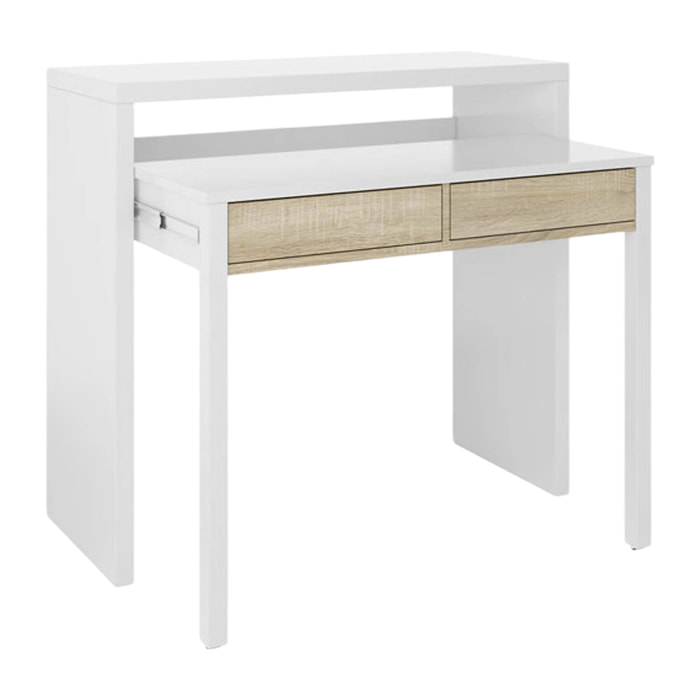 Consolle Billings, Scrivania con piano estensibile, Scrittoio porta PC con 2 cassetti, cm 99x36h88, Bianco e Rovere