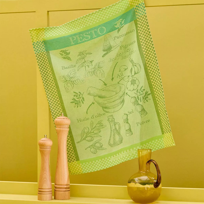 Torchon pur coton motif jacquard vert canard Pesto verde