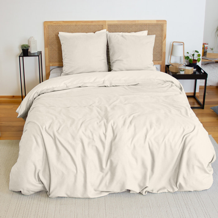 Parure housse de couette 3pcs en microfibre effet flanelle - creme