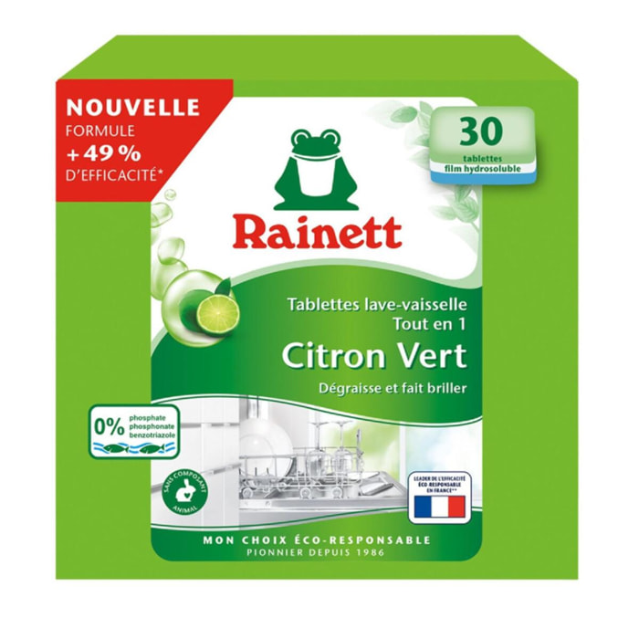Rainett Tablettes machine Ecolabel Lave-Vaisselle Tout-en-1 Citron vert x30