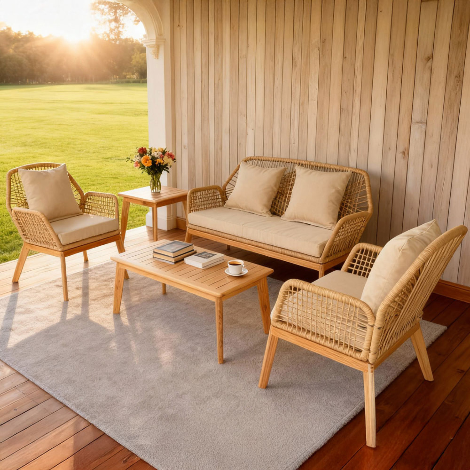 EMILIO Salon de jardin 4 places en bois avec 2 tables beige et bois