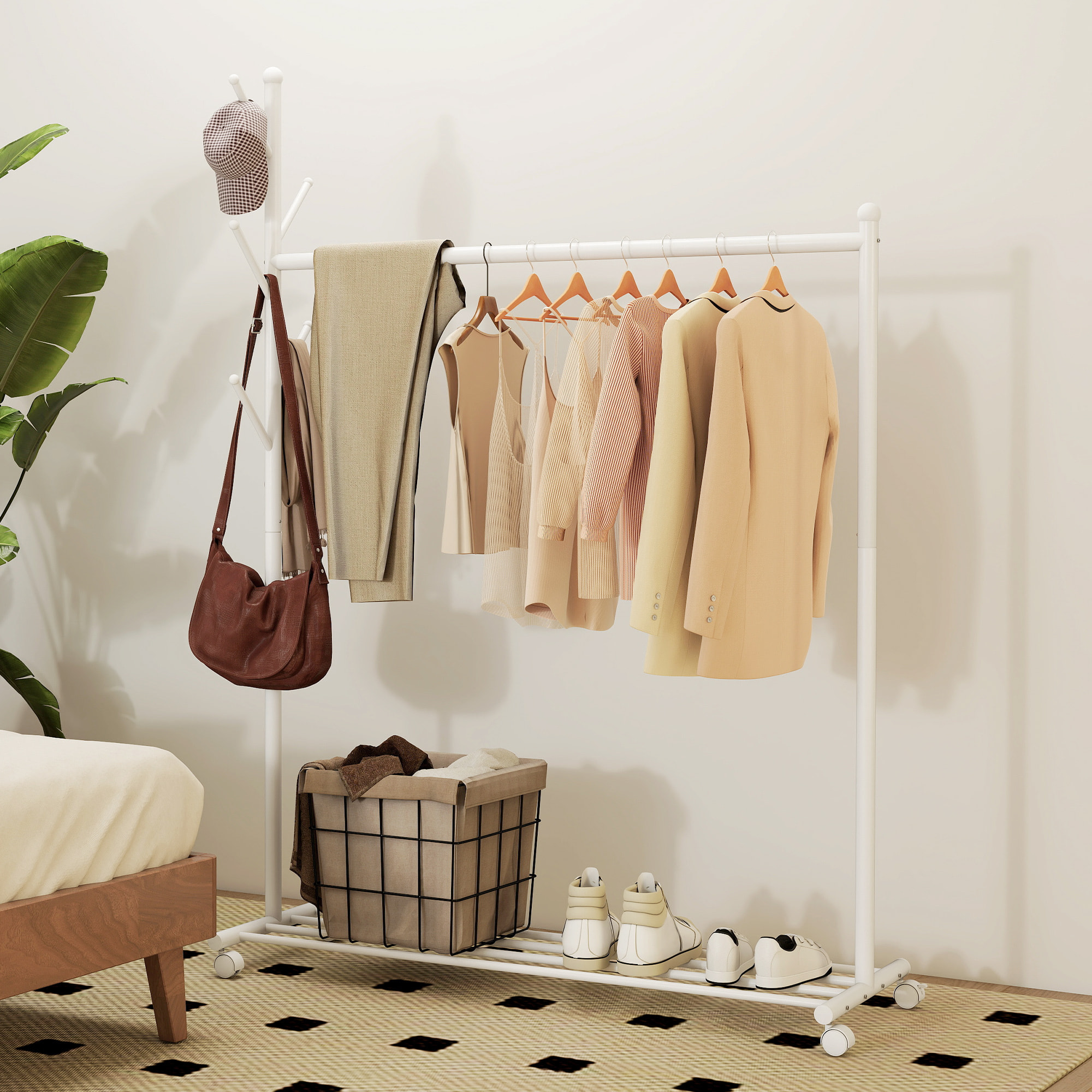 Burro Ropa con Ruedas, Perchero Burro Ropa con 5 Ganchos Barra para Colgar y Balda Inferior Perchero para Recibidor, Entrada, Dormitorio, 120x43x171 cm, Blanco