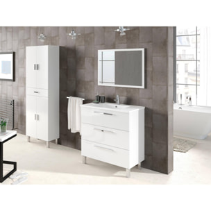 Mobile sottolavabo Palmdale, Mobiletto per bagno, Armadio a 3 cassetti e specchio, lavabo non incluso, cm 80x45h86, Bianco lucido