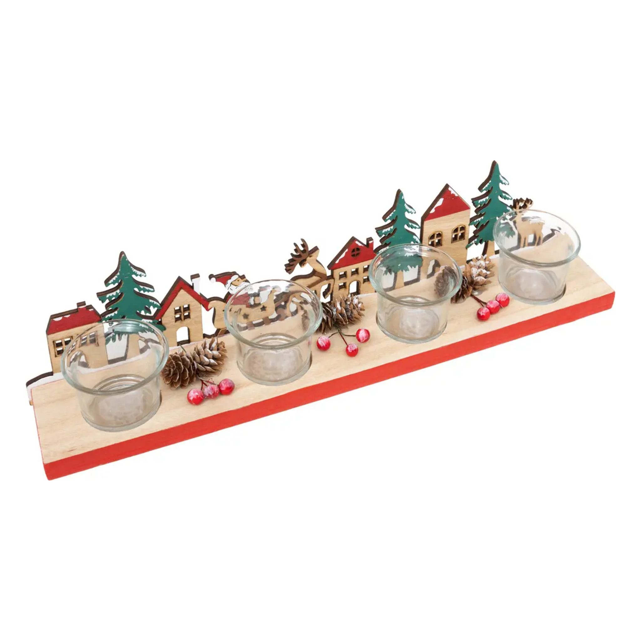 Photophore décor paysage bois avec 4 photophores verre transparent