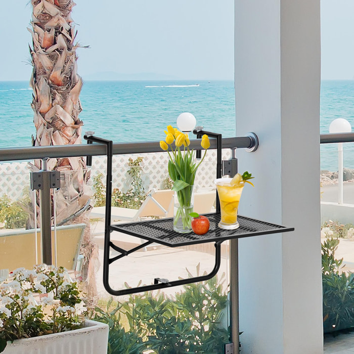 Table suspendue de balcon pliable dim. plateau 60L x 40l cm hauteur réglable 57-72H cm métal époxy noir